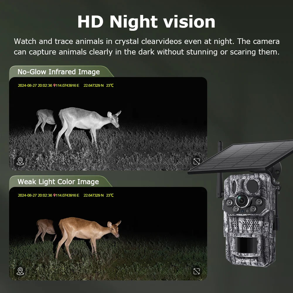INQMEGA4G 2K 5MP PIR Motion Activated  Trigger Time Night Vision IP66 Hunting Trail Wildlife Battery Solar Camera Forest