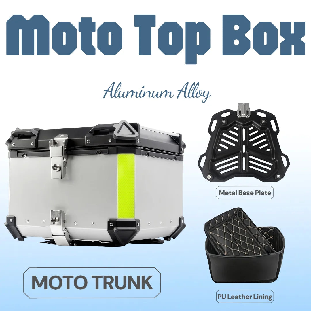 65/55/45L Aluminum Silvery Motorcycle Top Box Waterproof Rear Luggage Case Motorbike Trunk Tail Helmet Box Quick Release Toolbox