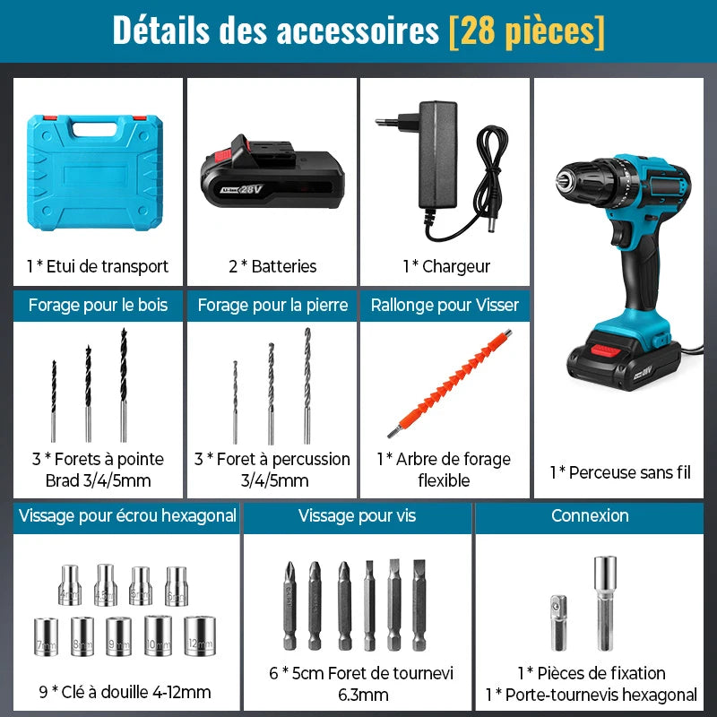 28V Cordless Impact Drill Multifunctional Screwdriver Rechargeable Electric Drill Lithium Battery 1350rpm Speed Power Tool