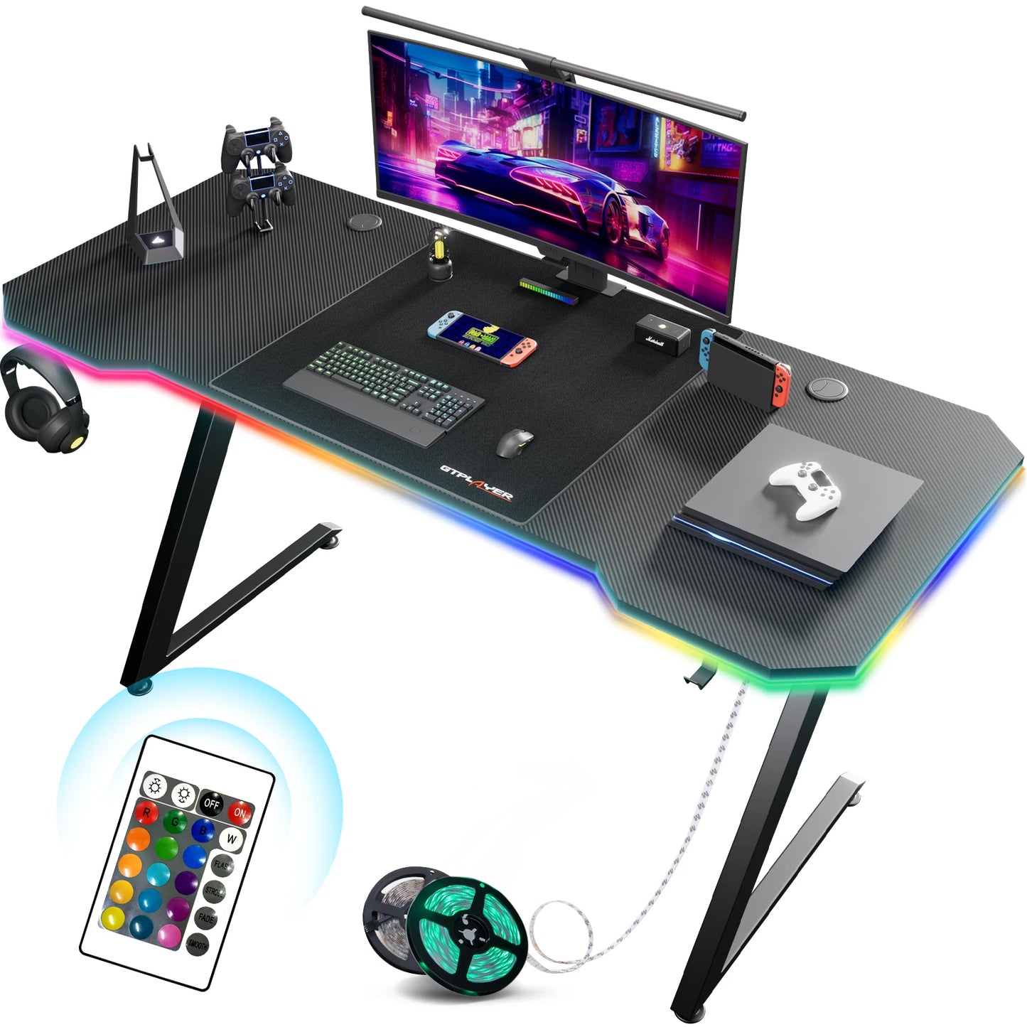 GTPLAYER Gaming table, Gaming desk 120x60cm, PC table Gamer table with Carbon Fiber Surface/LED/socket, Black