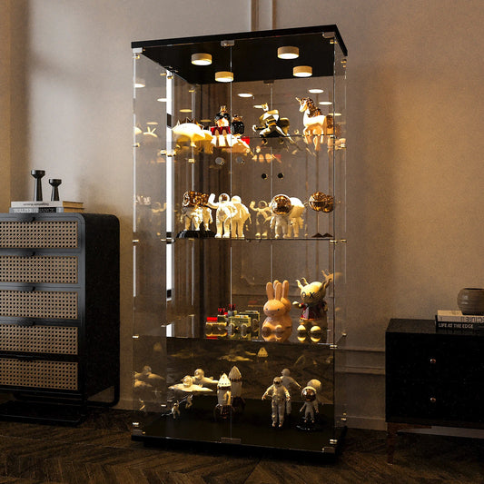 Rosahqnda glass cabinet with 4 shelves, 8 storage compartments with doors, toy storage cabinet, display case, bookshelf
