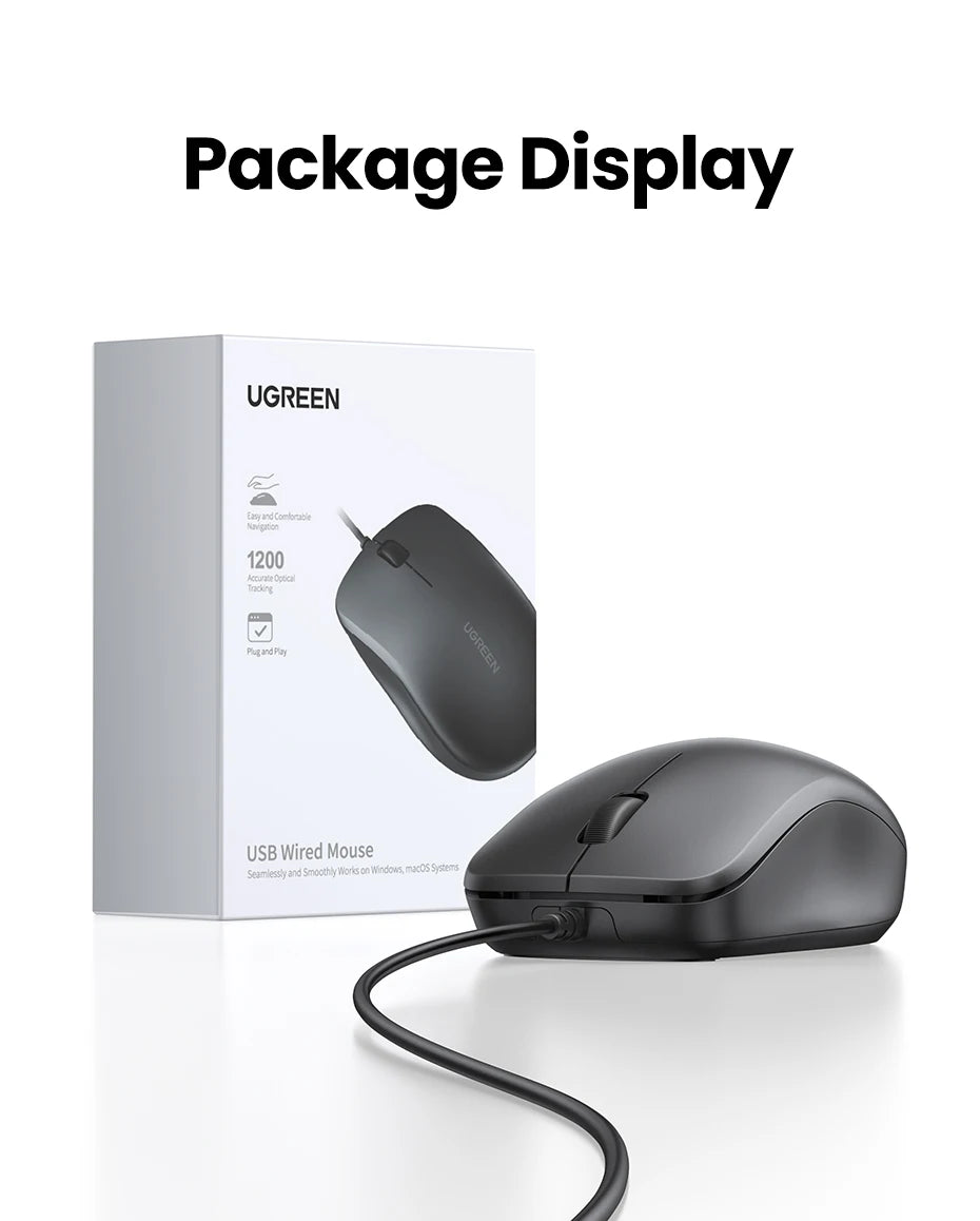 UGREEN USB Wired Mouse with Ergonomic Design 1200 DPI 3 Buttons Mouse for Laptops and PCs