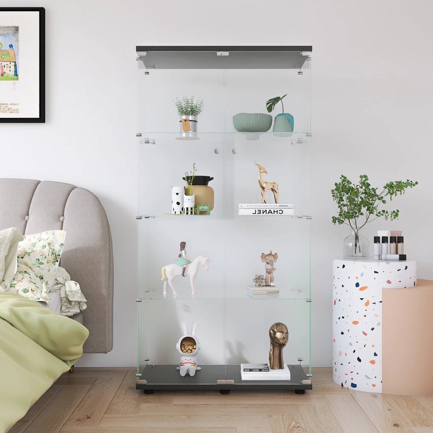 Rosahqnda glass cabinet with 4 shelves, 8 storage rooms with door, toys storage s wardrobe curio stand bookshelf