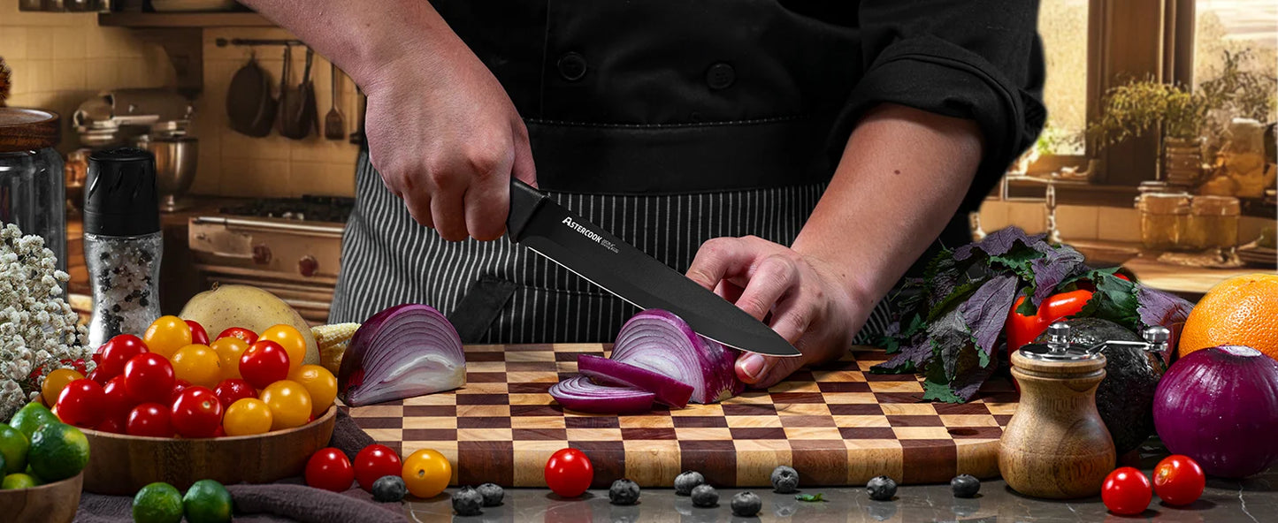 15PCS/ Astercook Knife Set with Sharpener Block - German Stainless Steel, Dishwasher Safe Kitchen Knife with Built-in Sharpener