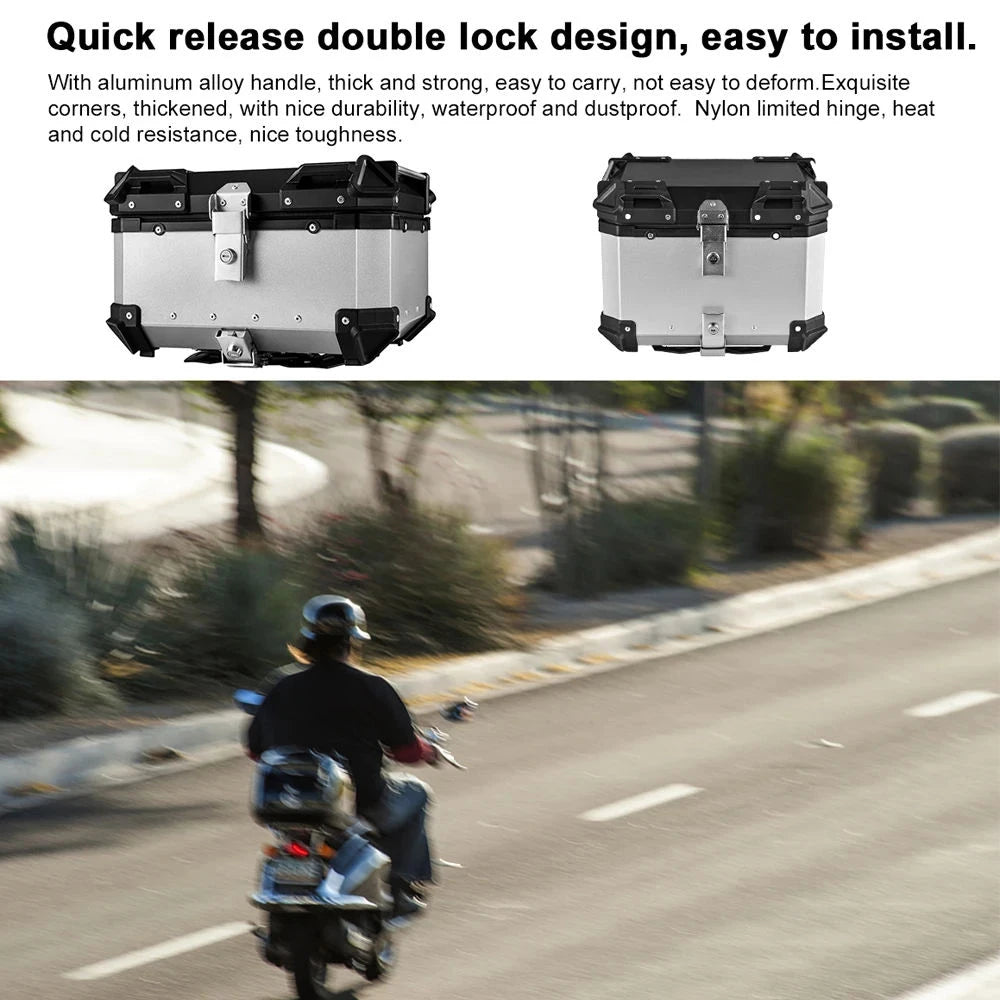 65L Universal Motorcycle Aluminum Rear Trunk Luggage Case Waterproof Tail ToolBox Storage Box with 2 Keys Reflective Sticker