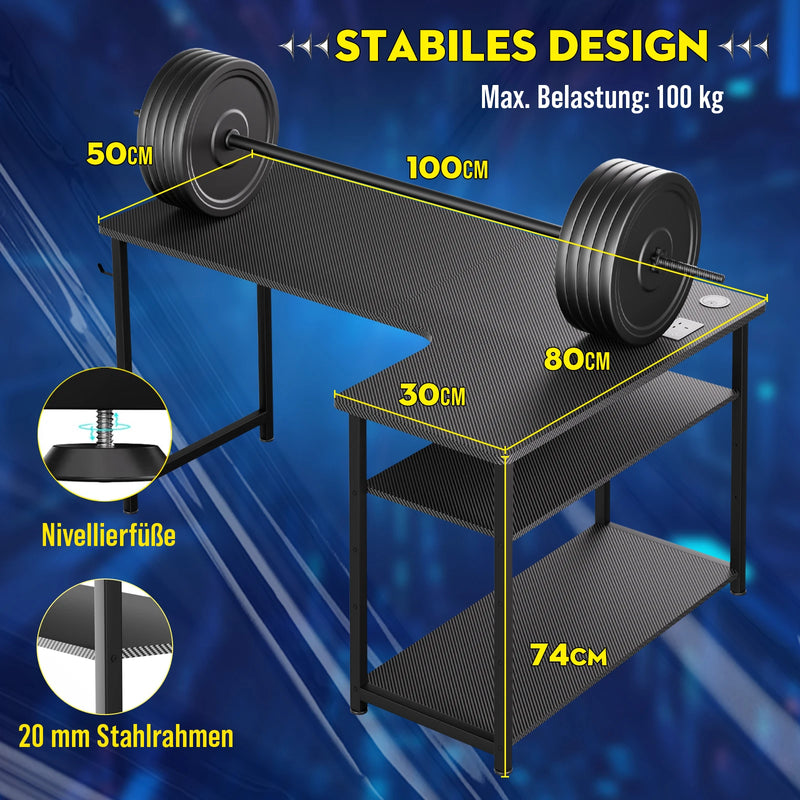 COMHOMA Desk Gaming table with Shelf, corner desk with USB charging port and socket, 120cm computer table L shape PC