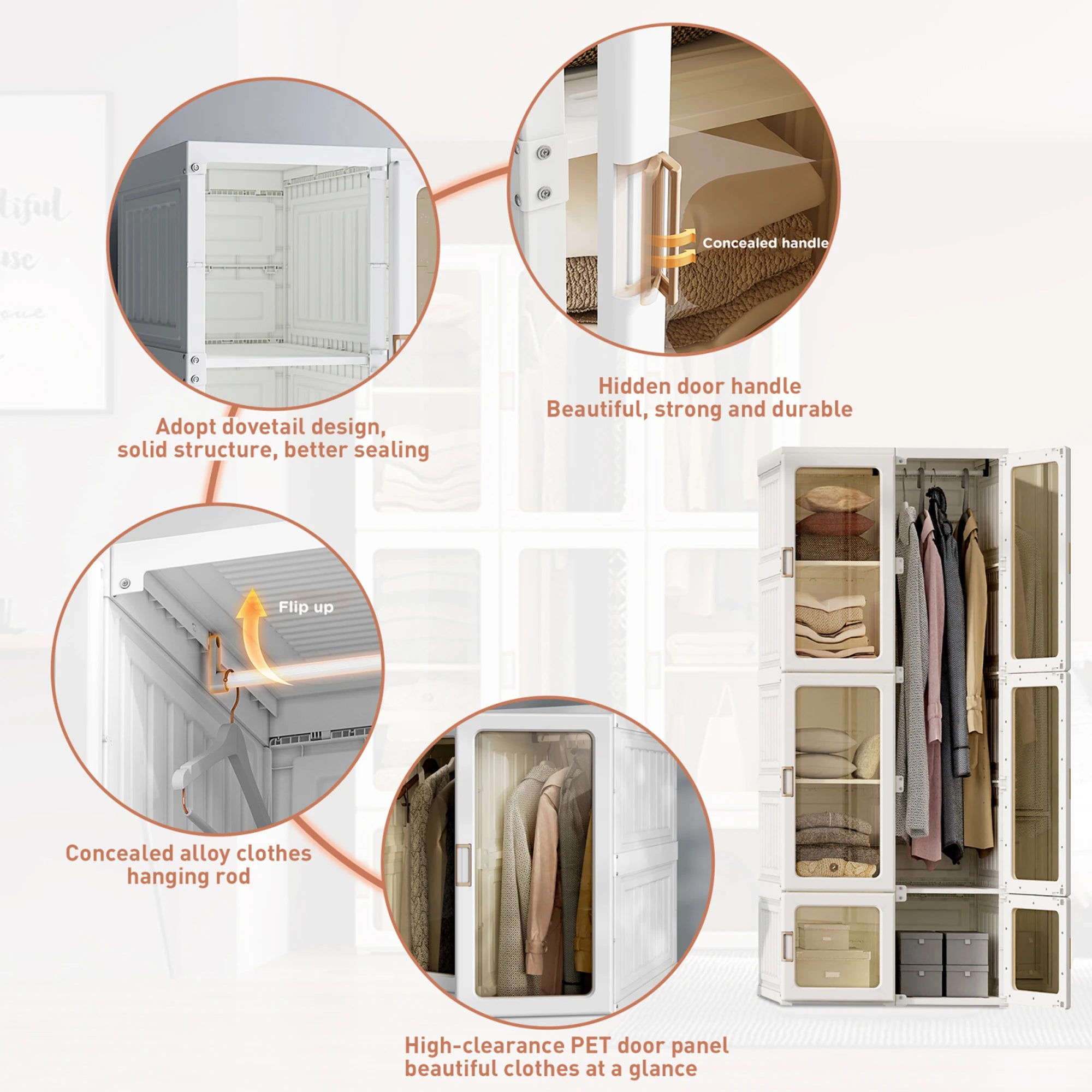 Anajqaqia 69x50x170cm Foldable Closet Wardrobe with 6 Cubes and 1 Hanging Rail, Multi-Purpose Cabinet with Magnetic Doors, PP