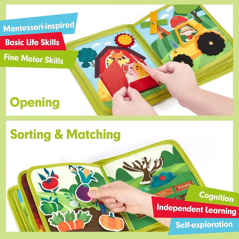 Montessori Busy Book Baby Early Education Book Farm Animal Scene Storytelling Activity Toy Fine Motor Quiet Book for Toddlers