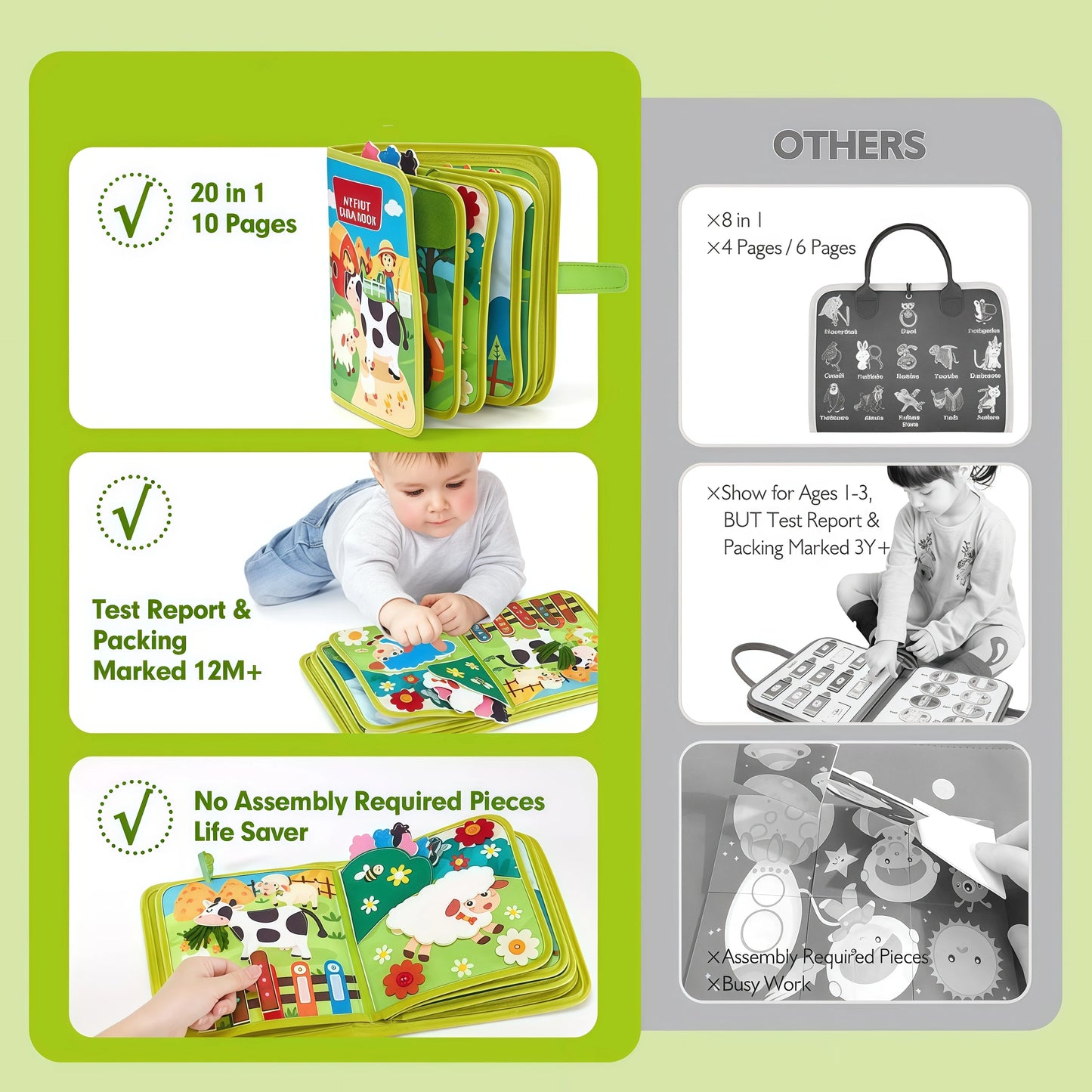 Montessori Busy Book Baby Early Education Book Farm Animal Scene Storytelling Activity Toy Fine Motor Quiet Book for Toddlers