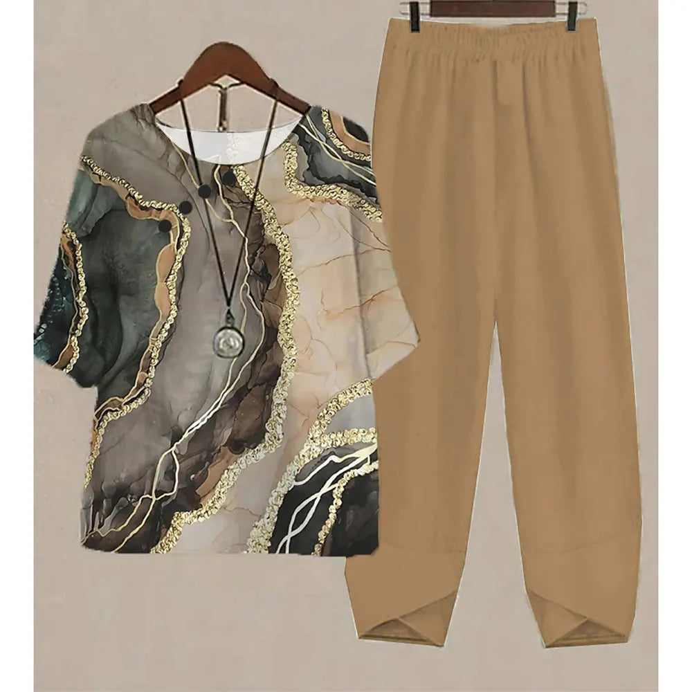 Nuevo conjunto de dos piezas para mujer, informal, cuello redondo, manga corta, estampado a rayas, top de verano para mujer, camiseta, pantalones holgados elegantes, trajes de otoño