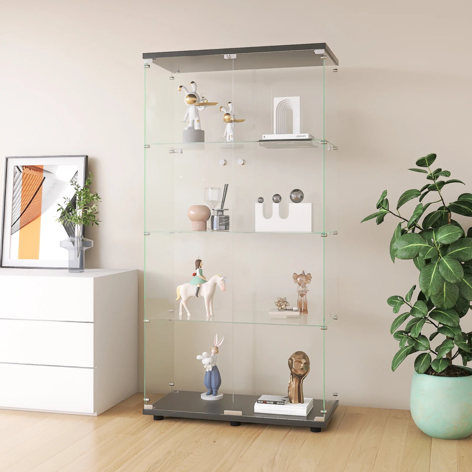 Rosahqnda glass cabinet with 4 shelves, 8 storage compartments with doors, toy storage cabinet, display case, bookshelf