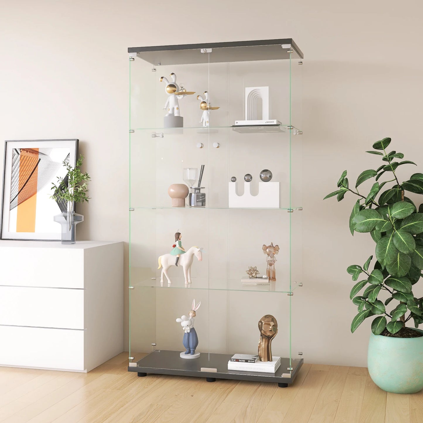 Rosahqnda glass cabinet with 4 shelves, 8 storage rooms with door, toys storage s wardrobe curio stand bookshelf