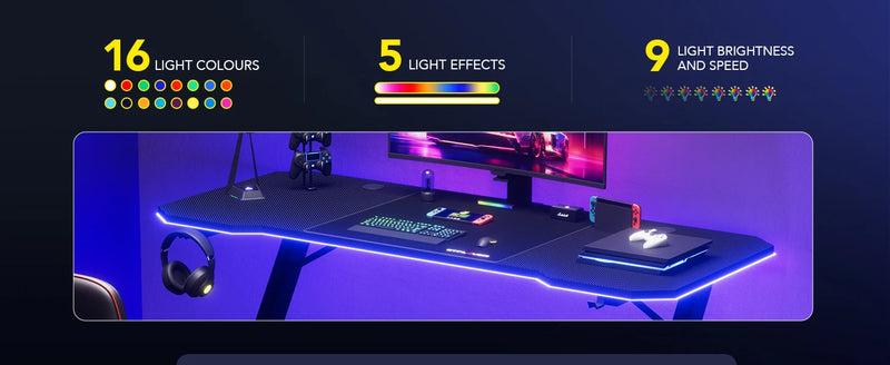 GTPLAYER Gaming table, Gaming desk 120x60cm, PC table Gamer table with Carbon Fiber Surface/LED/socket, Black