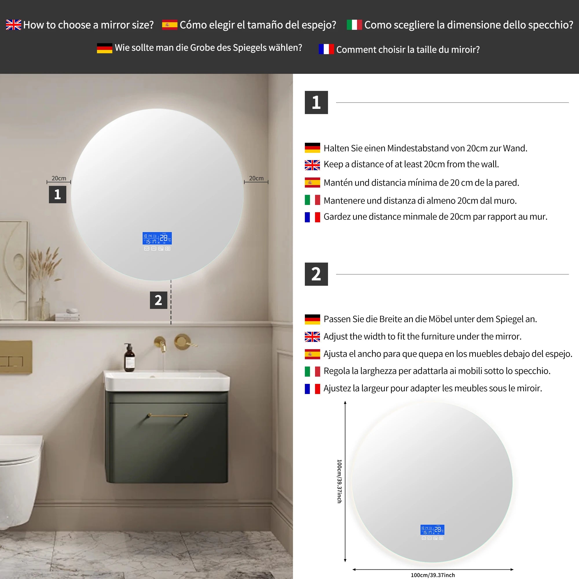 Anajqaqia 100x100cm Bathroom Mirror with LED Lighting, with 3 Adjustable Brightnesses, Temperature Display and Anti-Fog, Round