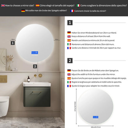 Anajqaqia 100x100cm Bathroom Mirror with LED Lighting, with 3 Adjustable Brightnesses, Temperature Display and Anti-Fog, Round