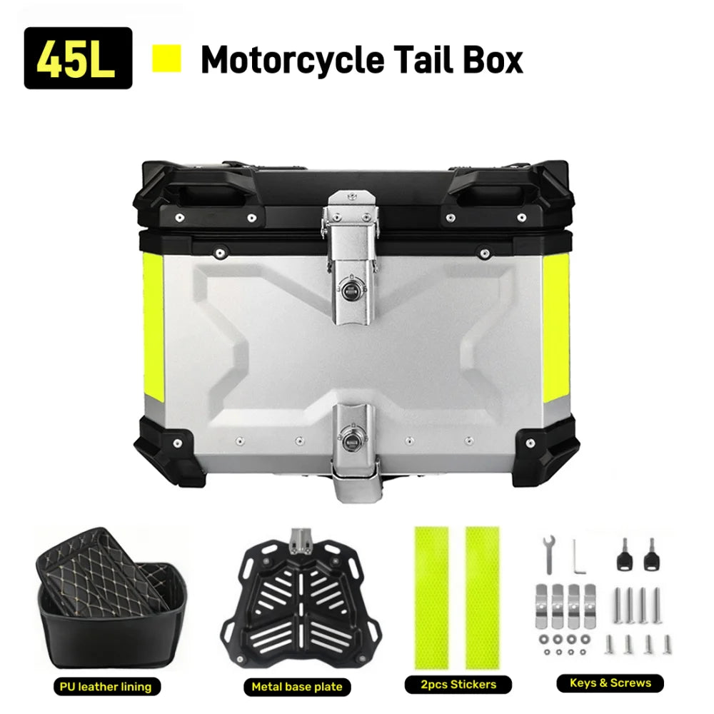 65/55/45L Aluminum Silvery Motorcycle Top Box Waterproof Rear Luggage Case Motorbike Trunk Tail Helmet Box Quick Release Toolbox