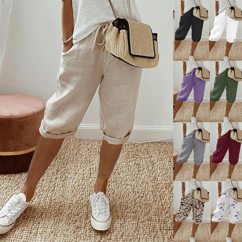 Pantalones cortos de lino y algodón con cordones para mujer, estilo vintage americano, cintura alta elástica, pierna ancha y bolsillo, estilo urbano
