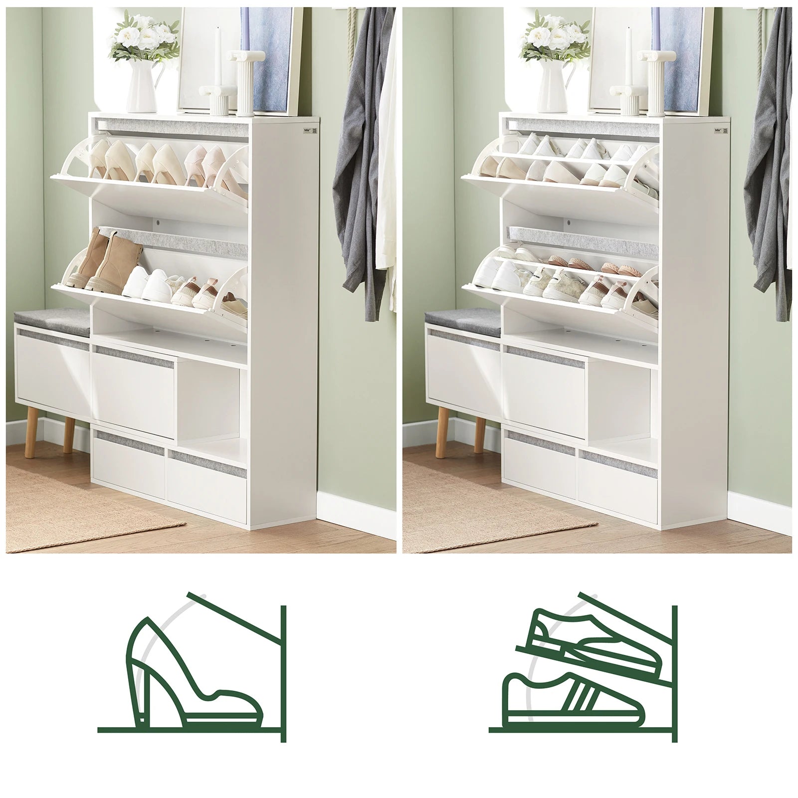 SoBuy FSR134-W Shoe dump truck Shoe shelf with 2 flaps, 2 doors and 2 drawers Hallway cabinet with bench Shoe bench with seat