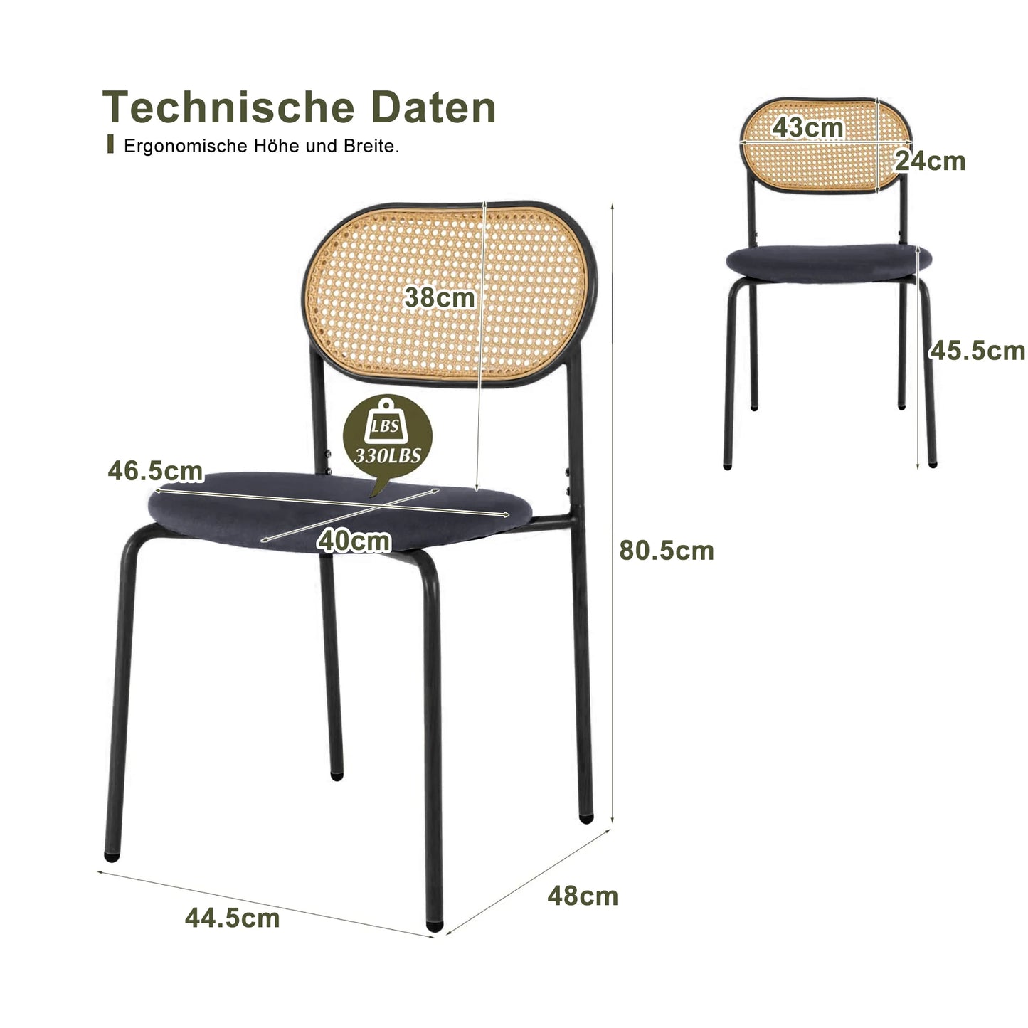 Set of 2 Rattan Dining Room Chairs, Upholstered Chair with Adjustable Metal Legs, Dressing Table Chair, Living Room Chair