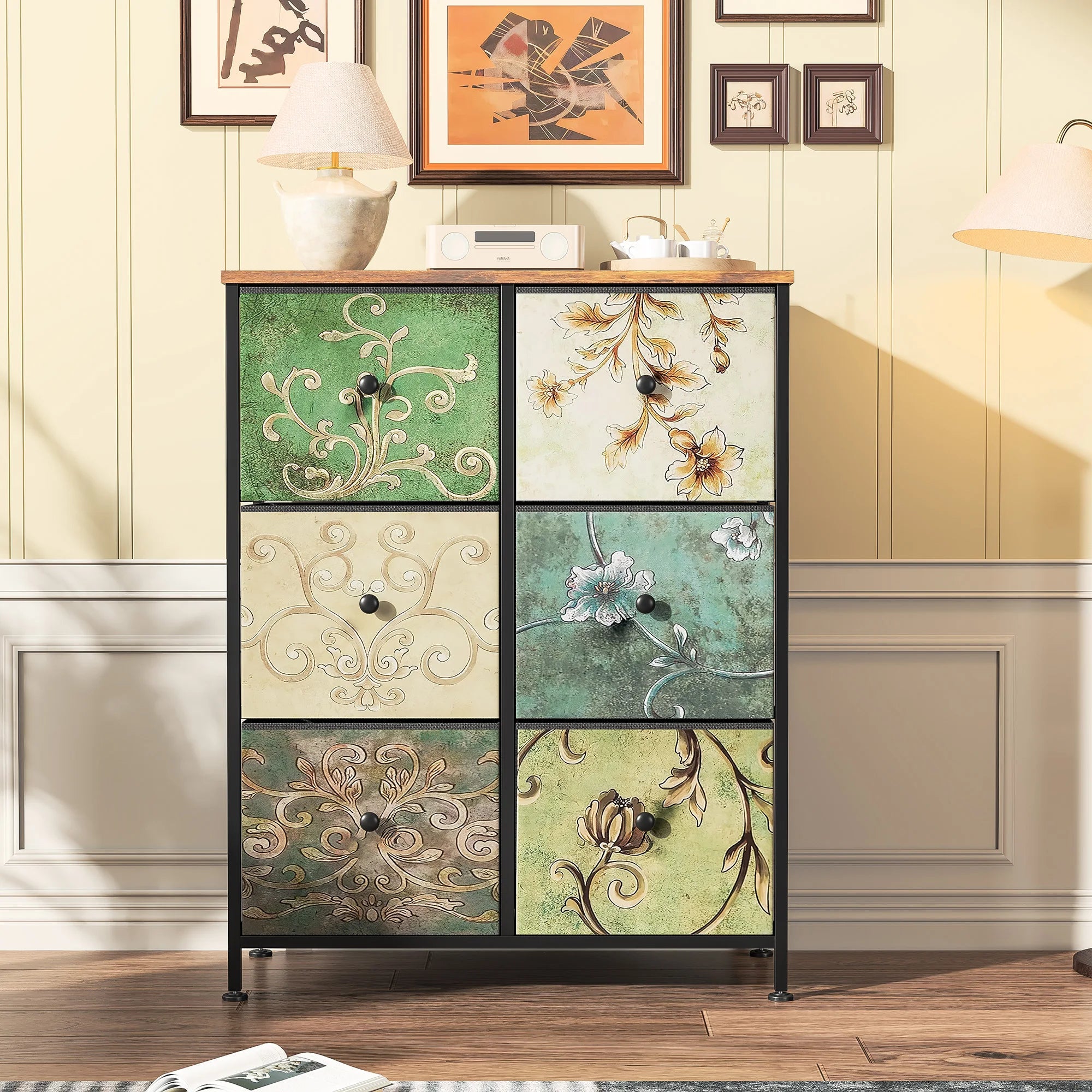 Rosahqnda chest of drawers with drawers Bohemian dressing table with wooden panel, fabric drawers, metal frame, fabric chest of drawers