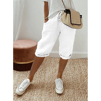Pantalones cortos de lino y algodón con cordones para mujer, estilo vintage americano, cintura alta elástica, pierna ancha y bolsillo, estilo urbano