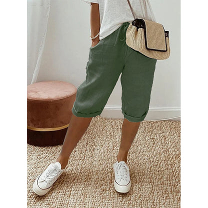 Pantalones cortos de lino y algodón con cordones para mujer, estilo vintage americano, cintura alta elástica, pierna ancha y bolsillo, estilo urbano