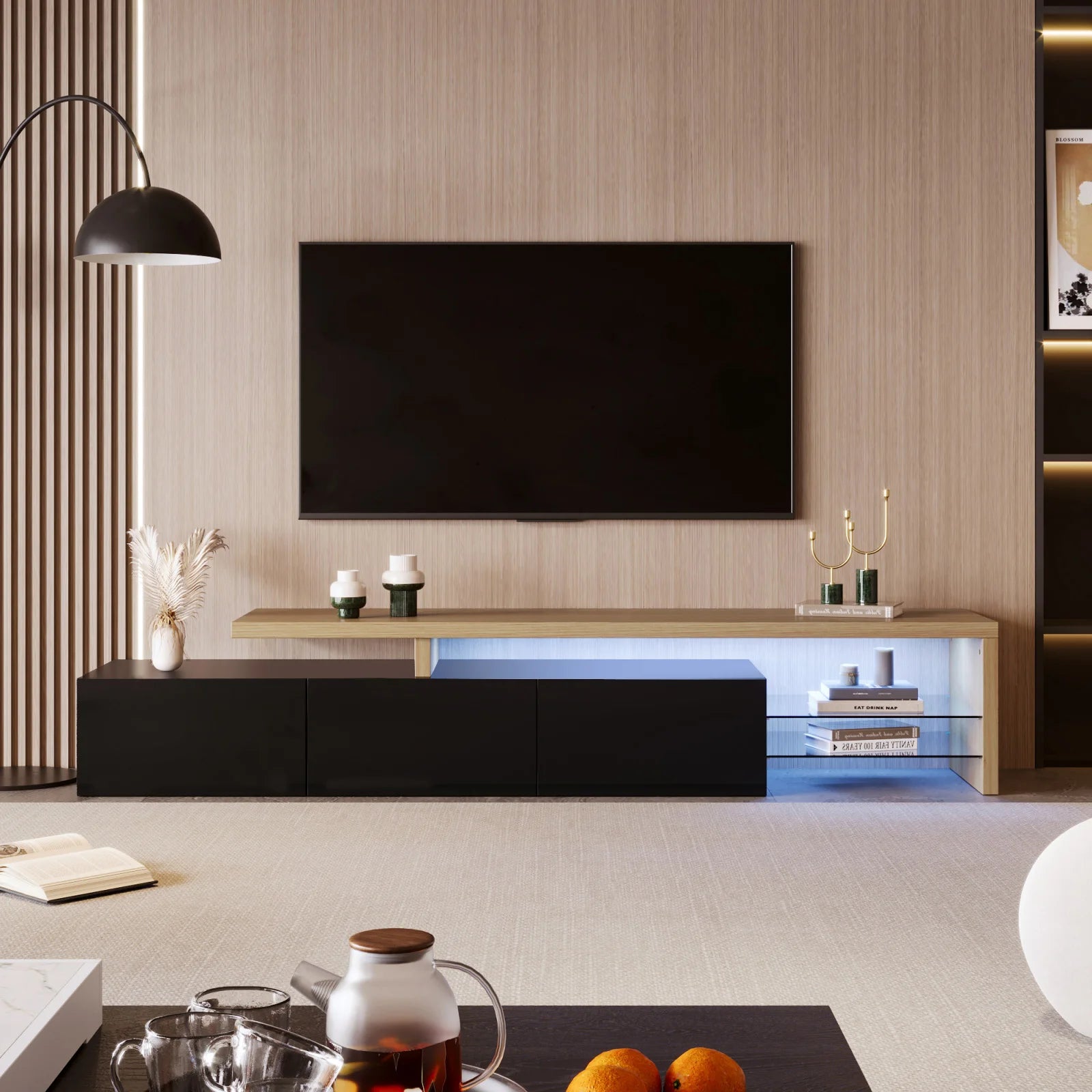 ROSAHQNDA Modern TV Cabinet, LED Stylish Living Room Furniture, Practical Storage Space, High-Gloss, Glass Shelves, 200x42x39cm