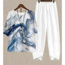 New Two Piece Set Women Casual O Neck Short Sleeve Stripe Printed Fit Summer Ladies Tops T Shirt Elegant Loose Pants Suits Fall