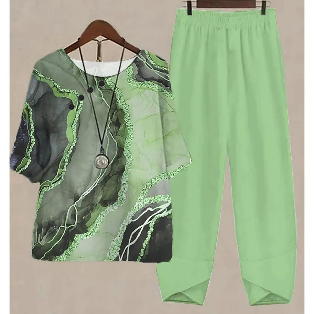 Nuevo conjunto de dos piezas para mujer, informal, cuello redondo, manga corta, estampado a rayas, top de verano para mujer, camiseta, pantalones holgados elegantes, trajes de otoño