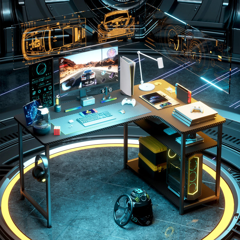 COMHOMA Desk Gaming table with Shelf, corner desk with USB charging port and socket, 120cm computer table L shape PC