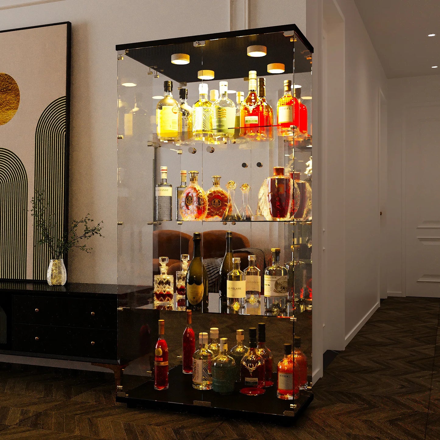 Rosahqnda glass cabinet with 4 shelves, 8 storage rooms with door, toys storage s wardrobe curio stand bookshelf