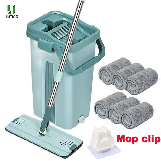 Flat Squeeze Mop with Bucket, Wringing Floor Cleaning, Microfiber Pads, Wet or Dry Use on Laminate Wood, Free Hand 