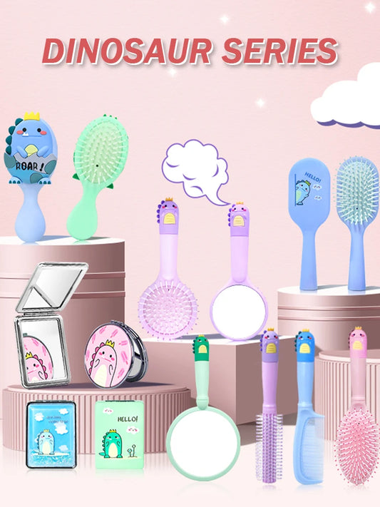 Cute Cartoon Dinosaur Hair Brush Set Detangling Mini Brush Set Travel Portable Comb Folding Mirror for Child Baby Girls Boys