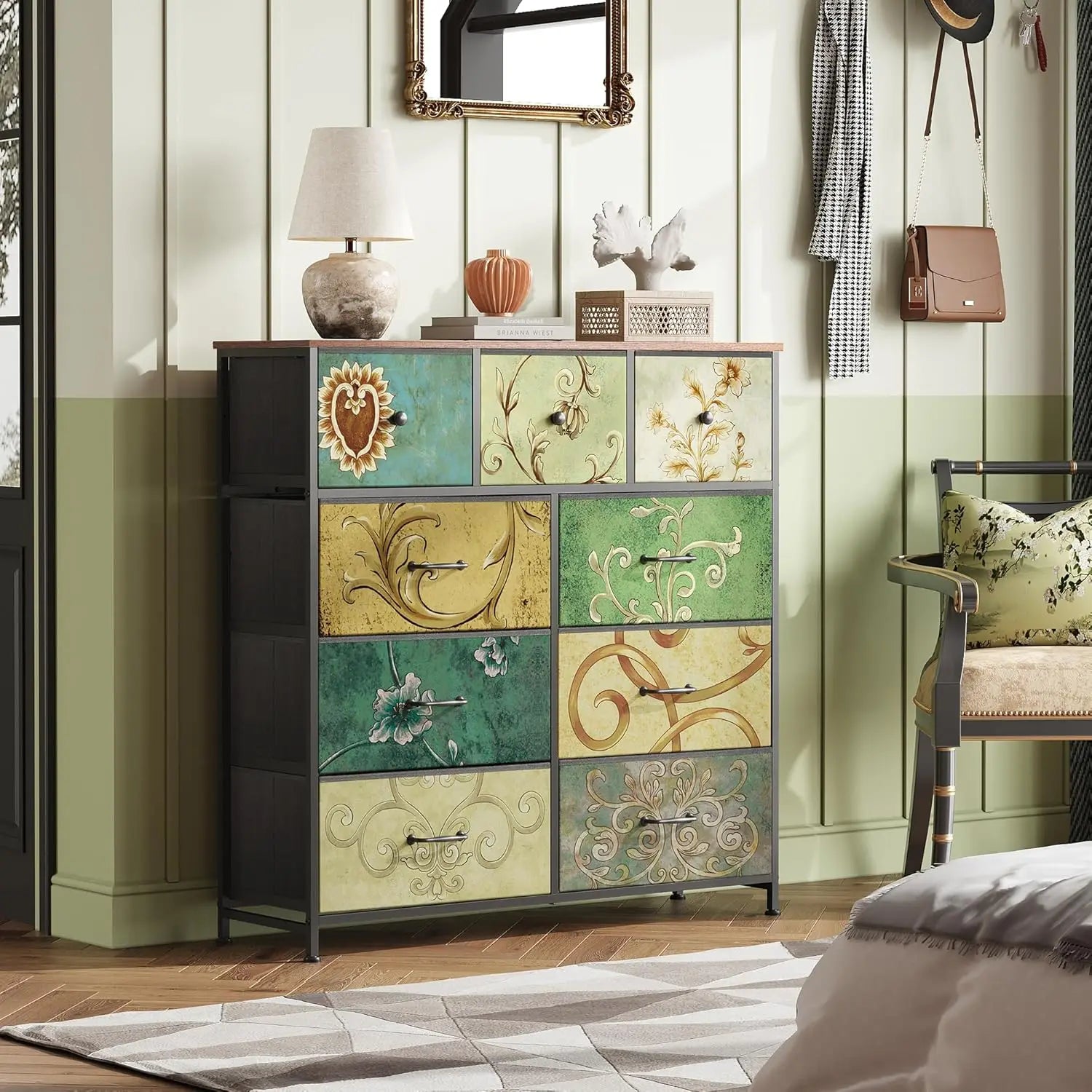 Rosahqnda chest of drawers with drawers Bohemian dressing table with wooden panel, fabric drawers, metal frame, fabric chest of drawers