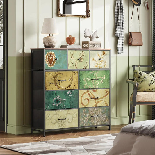 Rosahqnda chest of drawers with drawers Bohemian dressing table with wooden panel, fabric drawers, metal frame, fabric chest of drawers