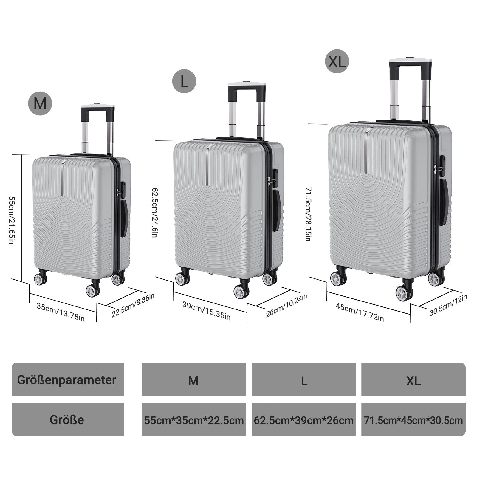 Anajqaqia 3-Piece Travel Suitcase Set with Wheels and Lock, Hard-Shell Trolley, Telescopic Handle, M, L, XL, Silvery