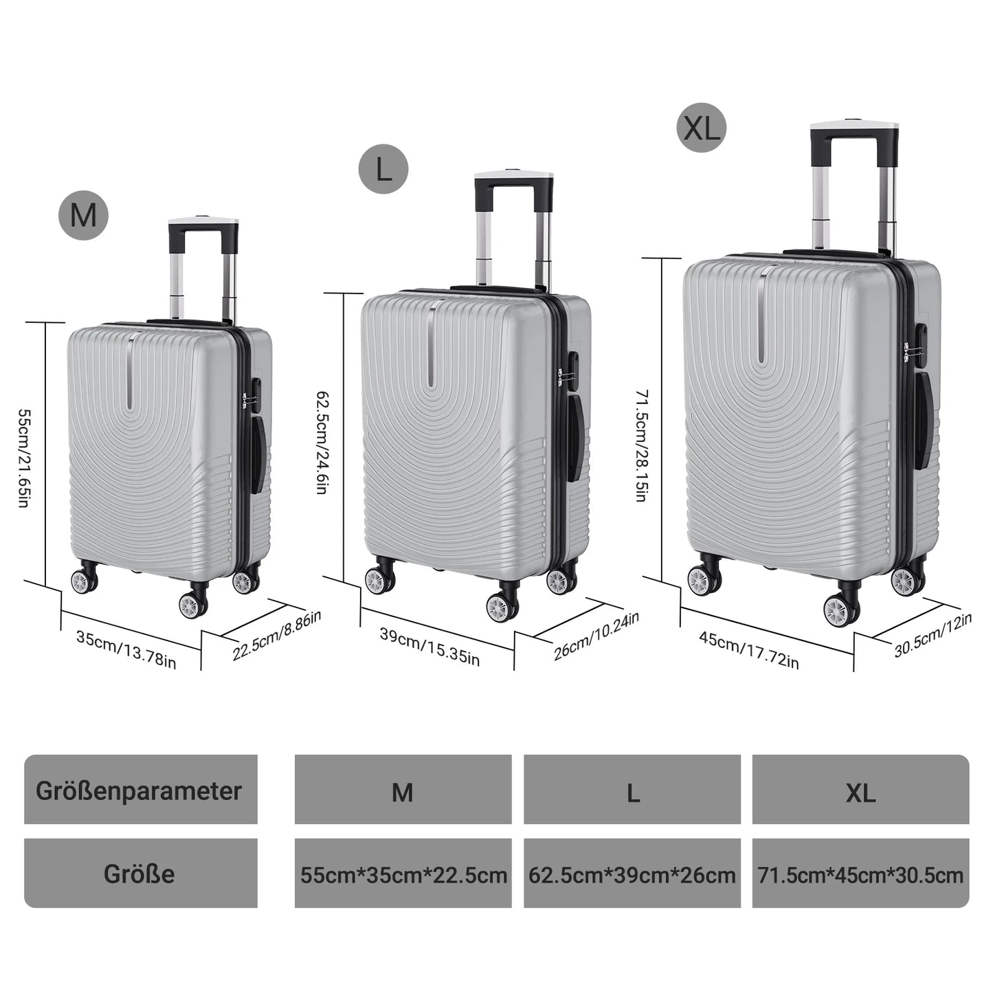 Anajqaqia 3-Piece Travel Suitcase Set with Wheels and Lock, Hard-Shell Trolley, Telescopic Handle, M, L, XL, Silvery