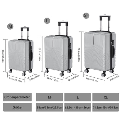 Anajqaqia 3-Piece Travel Suitcase Set with Wheels and Lock, Hard-Shell Trolley, Telescopic Handle, M, L, XL, Silvery