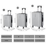 Anajqaqia 3-Piece Travel Suitcase Set with Wheels and Lock, Hard-Shell Trolley, Telescopic Handle, M, L, XL, Silvery