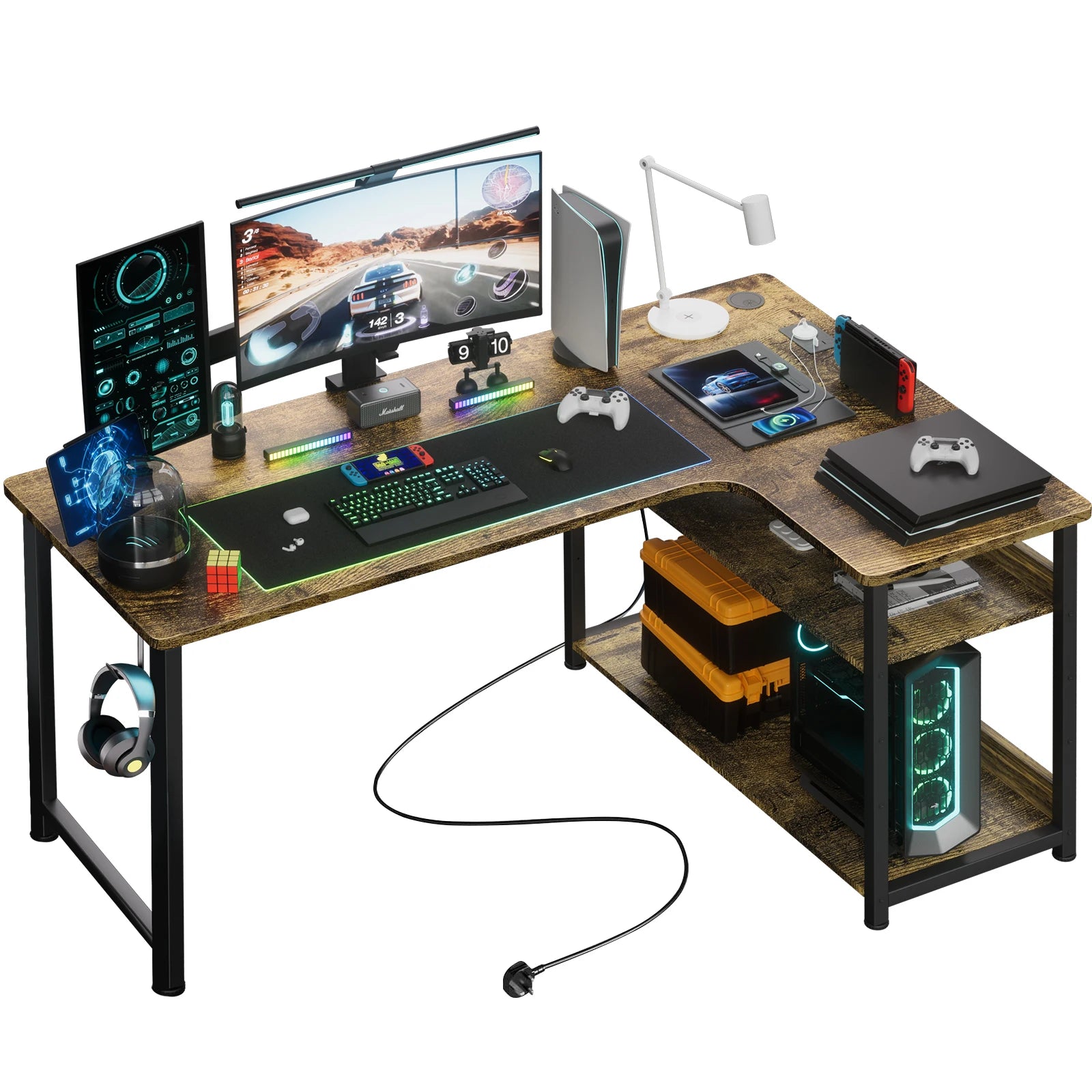 COMHOMA Desk Gaming table with Shelf, corner desk with USB charging port and socket, 120cm L-shaped computer desk for PC