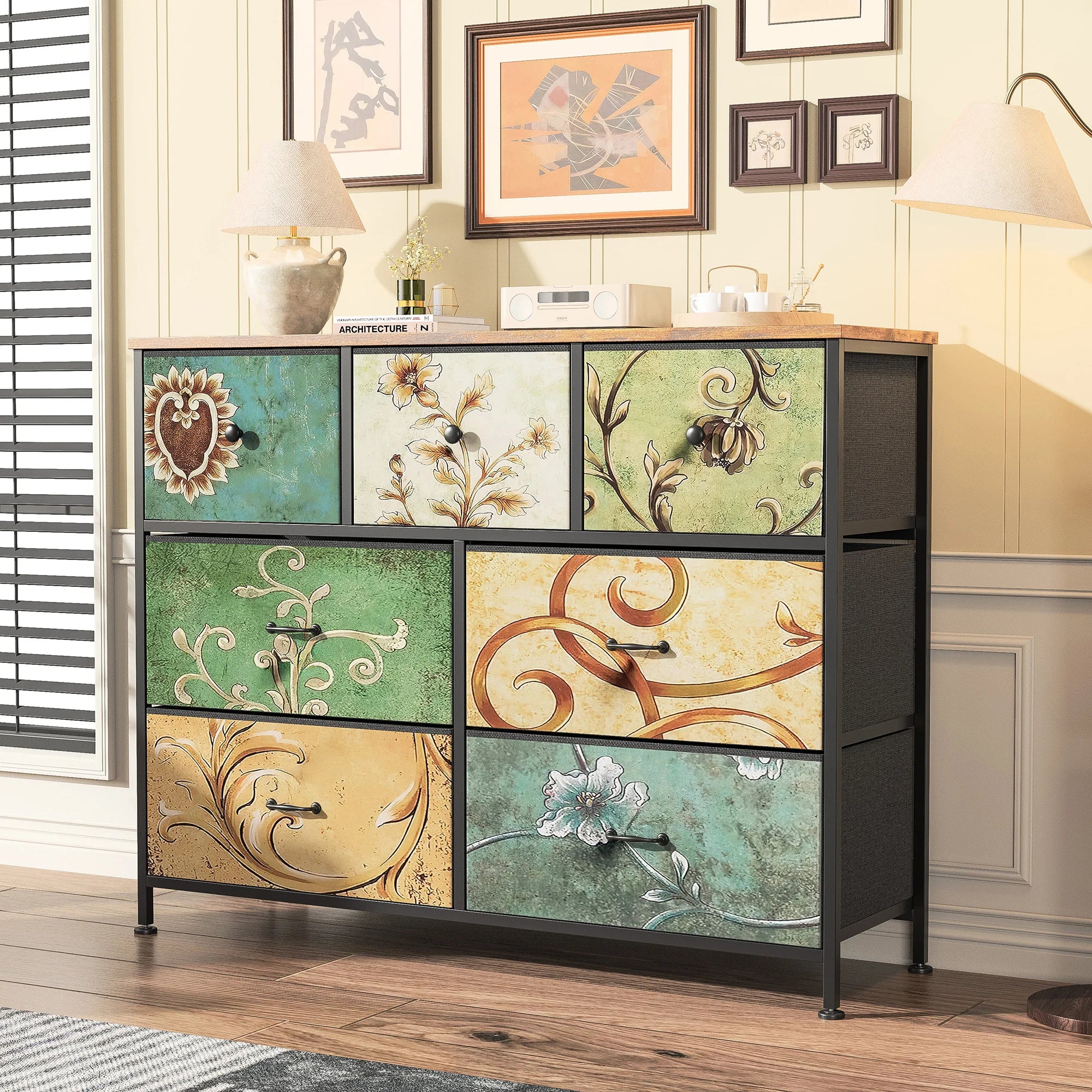 Rosahqnda chest of drawers with drawers Bohemian dressing table with wooden panel, fabric drawers, metal frame, fabric chest of drawers