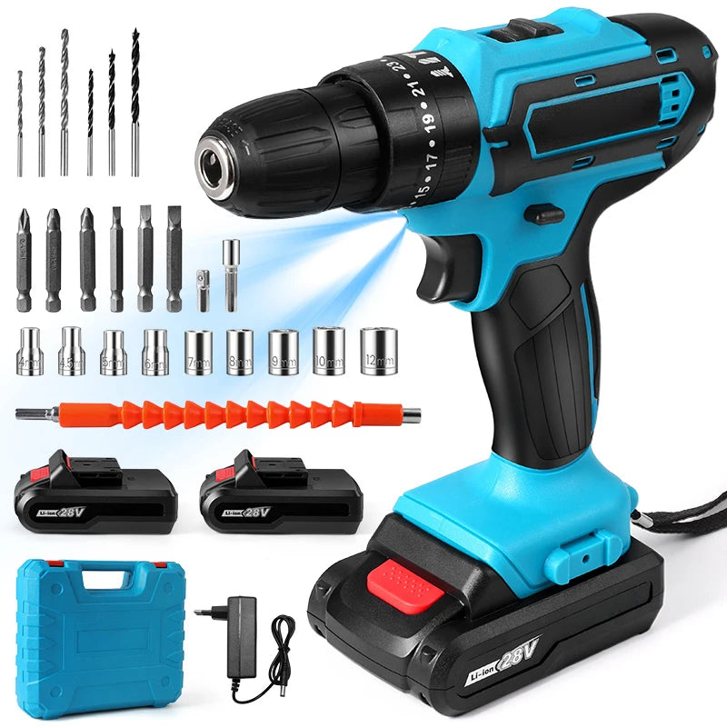 28V Cordless Impact Drill Multifunctional Screwdriver Rechargeable Electric Drill Lithium Battery 1350rpm Speed Power Tool