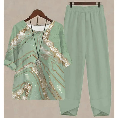 Nuevo conjunto de dos piezas para mujer, informal, cuello redondo, manga corta, estampado a rayas, top de verano para mujer, camiseta, pantalones holgados elegantes, trajes de otoño