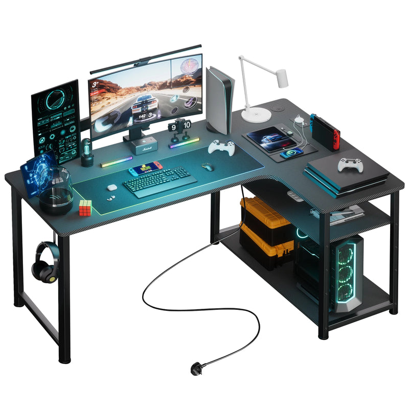 COMHOMA Desk Gaming table with Shelf, corner desk with USB charging port and socket, 120cm computer table L shape PC