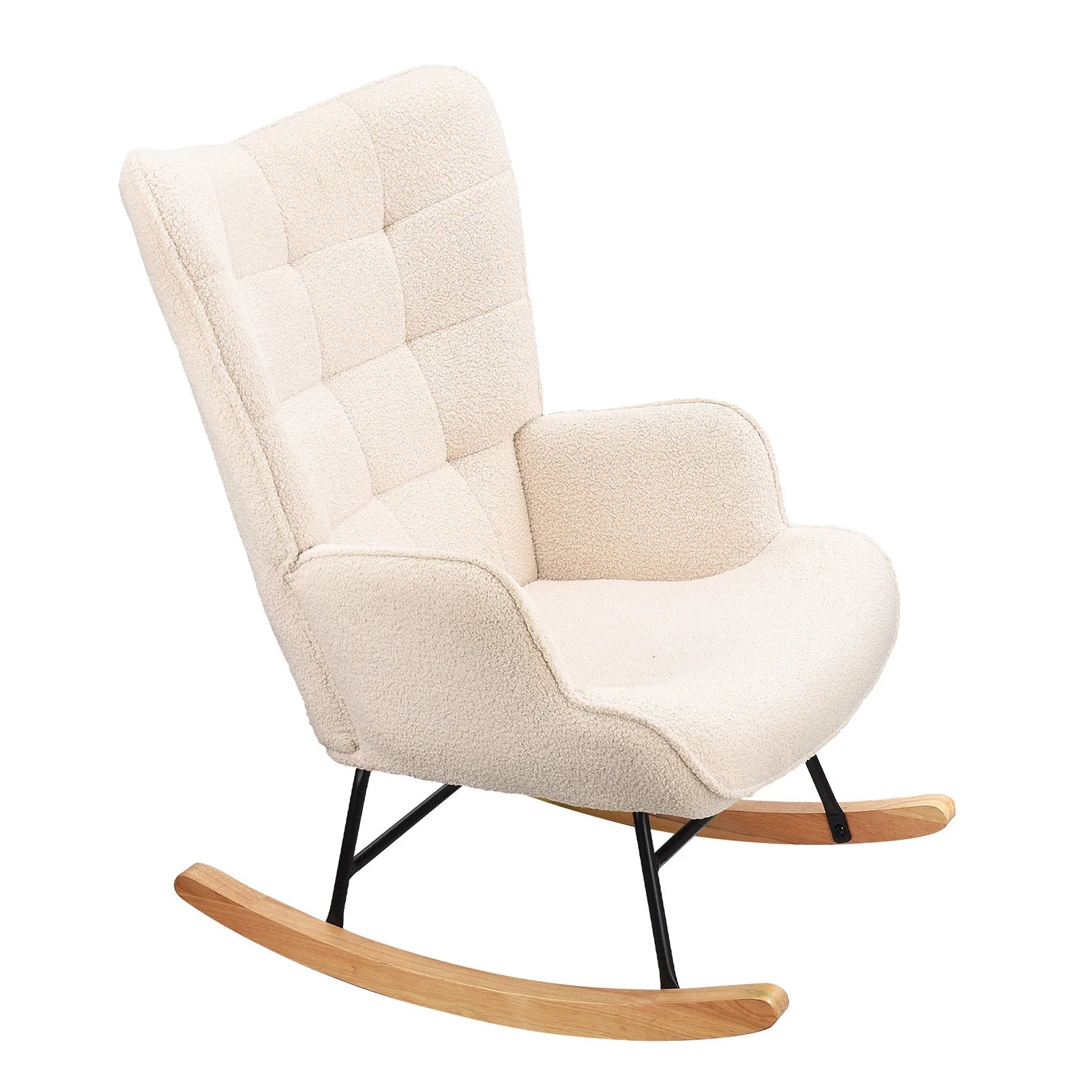 Anajqaqia Rocking Chair, Relaxing Chair, Living Room Chair, Swing Chair, with Metal Frame and Wooden Base, Teddy, Beige