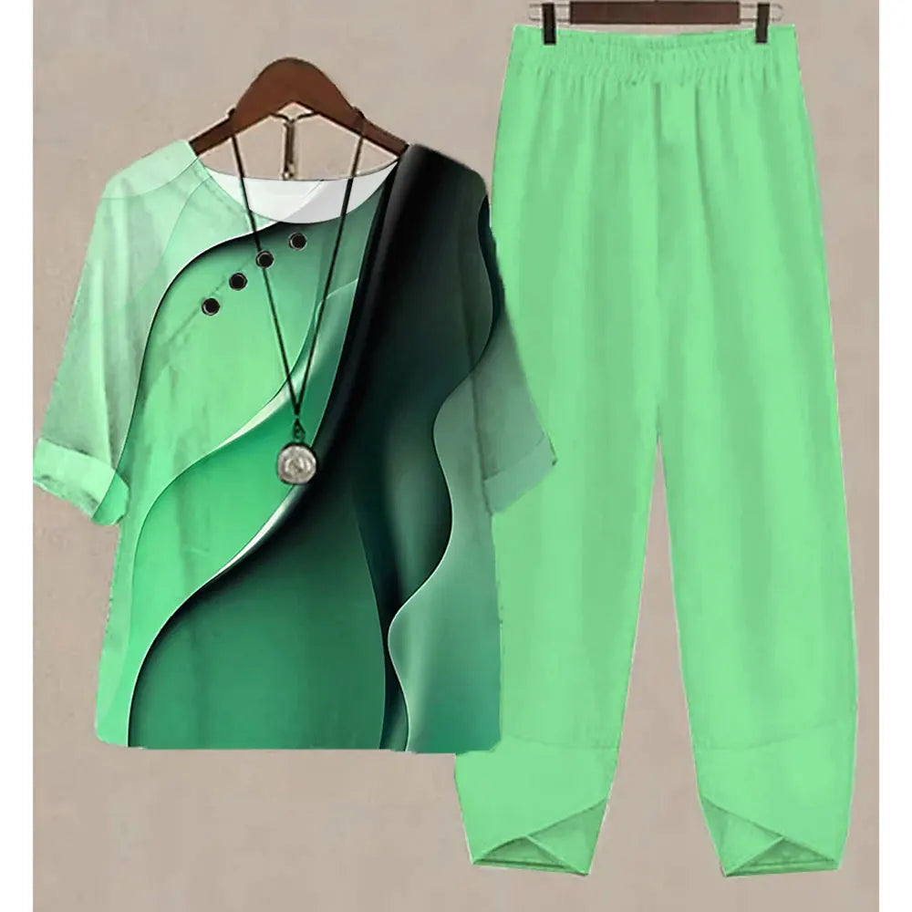 Nuevo conjunto de dos piezas para mujer, informal, cuello redondo, manga corta, estampado a rayas, top de verano para mujer, camiseta, pantalones holgados elegantes, trajes de otoño