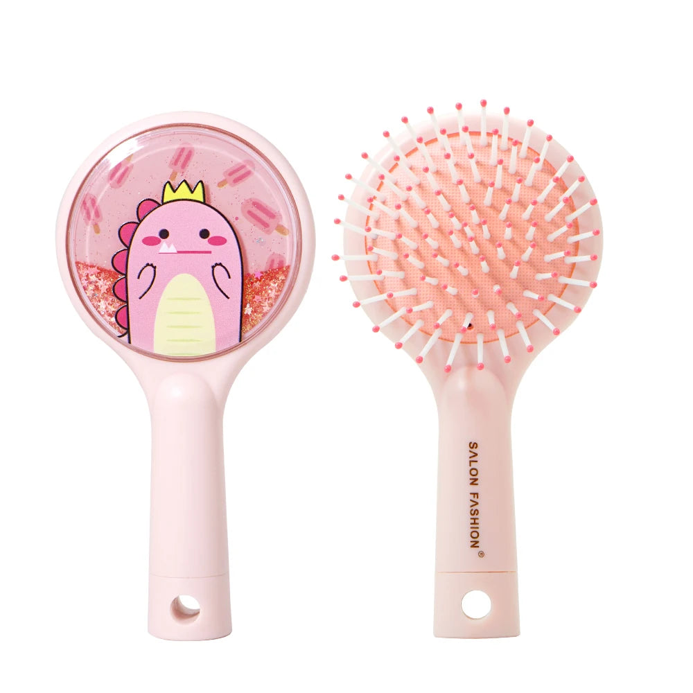 Cute Cartoon Dinosaur Hair Brush Set Detangling Mini Brush Set Travel Protable Comb Folding Mirror for Child Baby Girls Boys
