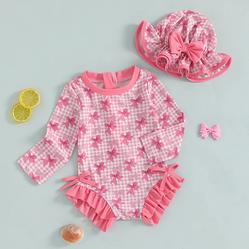 Kids Baby Girl Summer Swimwear Floral Print Backless Ruffles Long Sleeve Bodysuit Bathing Suit Girls Beachwear 0-4 Years