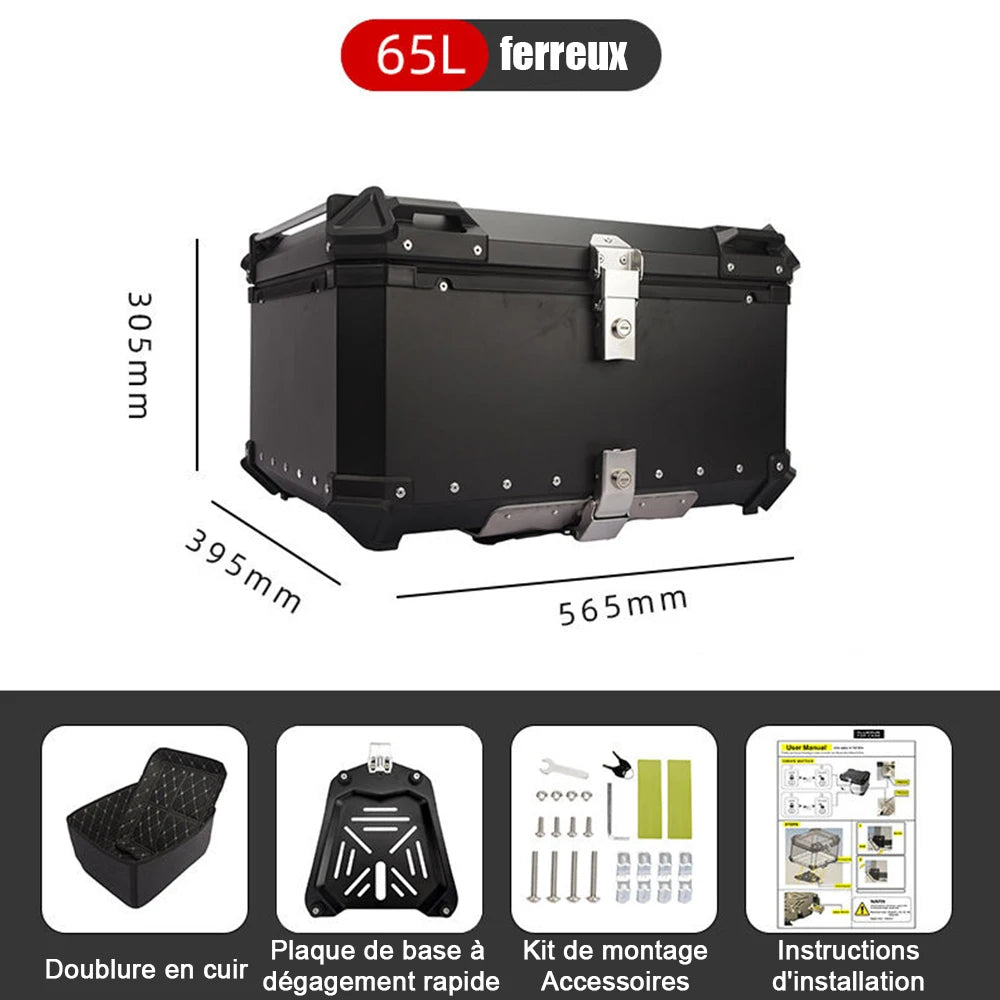 65L Universal Motorcycle Aluminum Rear Trunk Luggage Case Waterproof Tail ToolBox Storage Box with 2 Keys Reflective Sticker