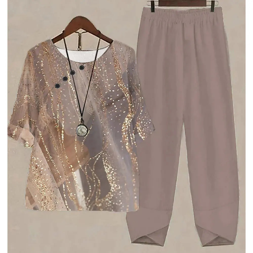 Nuevo conjunto de dos piezas para mujer, informal, cuello redondo, manga corta, estampado a rayas, top de verano para mujer, camiseta, pantalones holgados elegantes, trajes de otoño